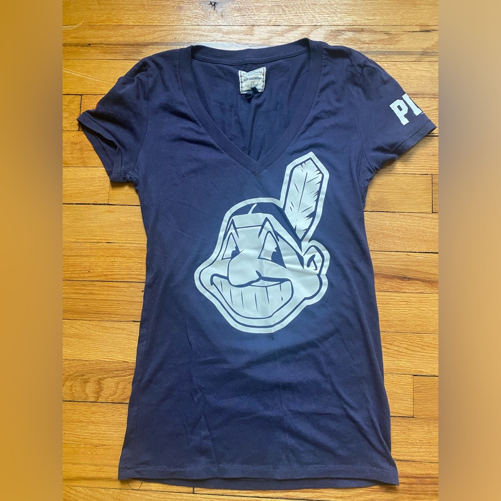 VS PINK cleveland Indians chief wahoo v neck tee shirt